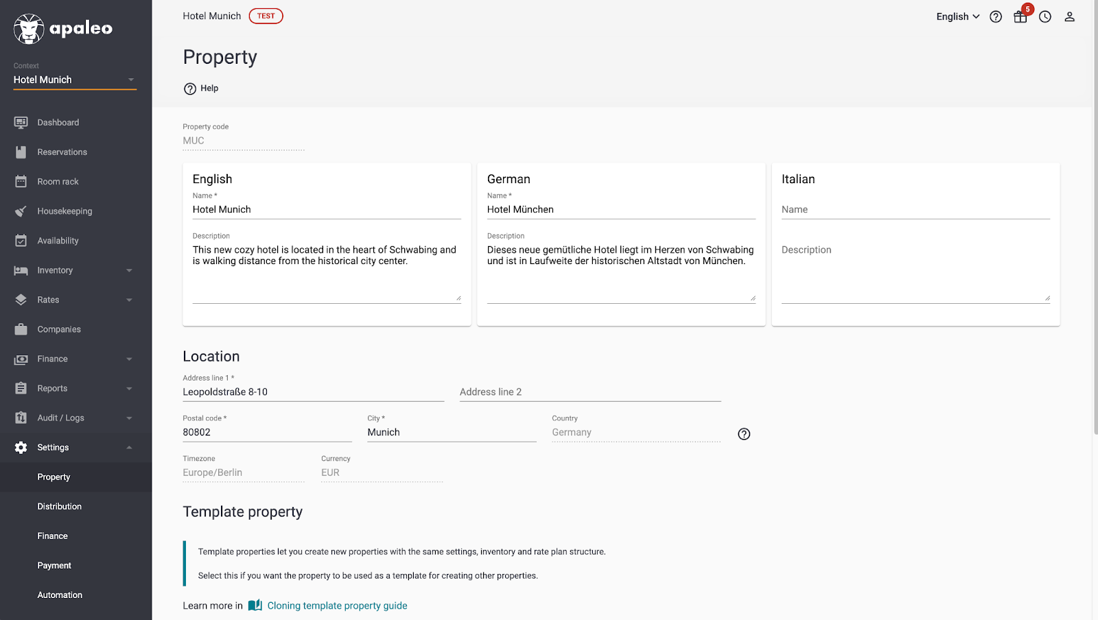 Apaleo property settings