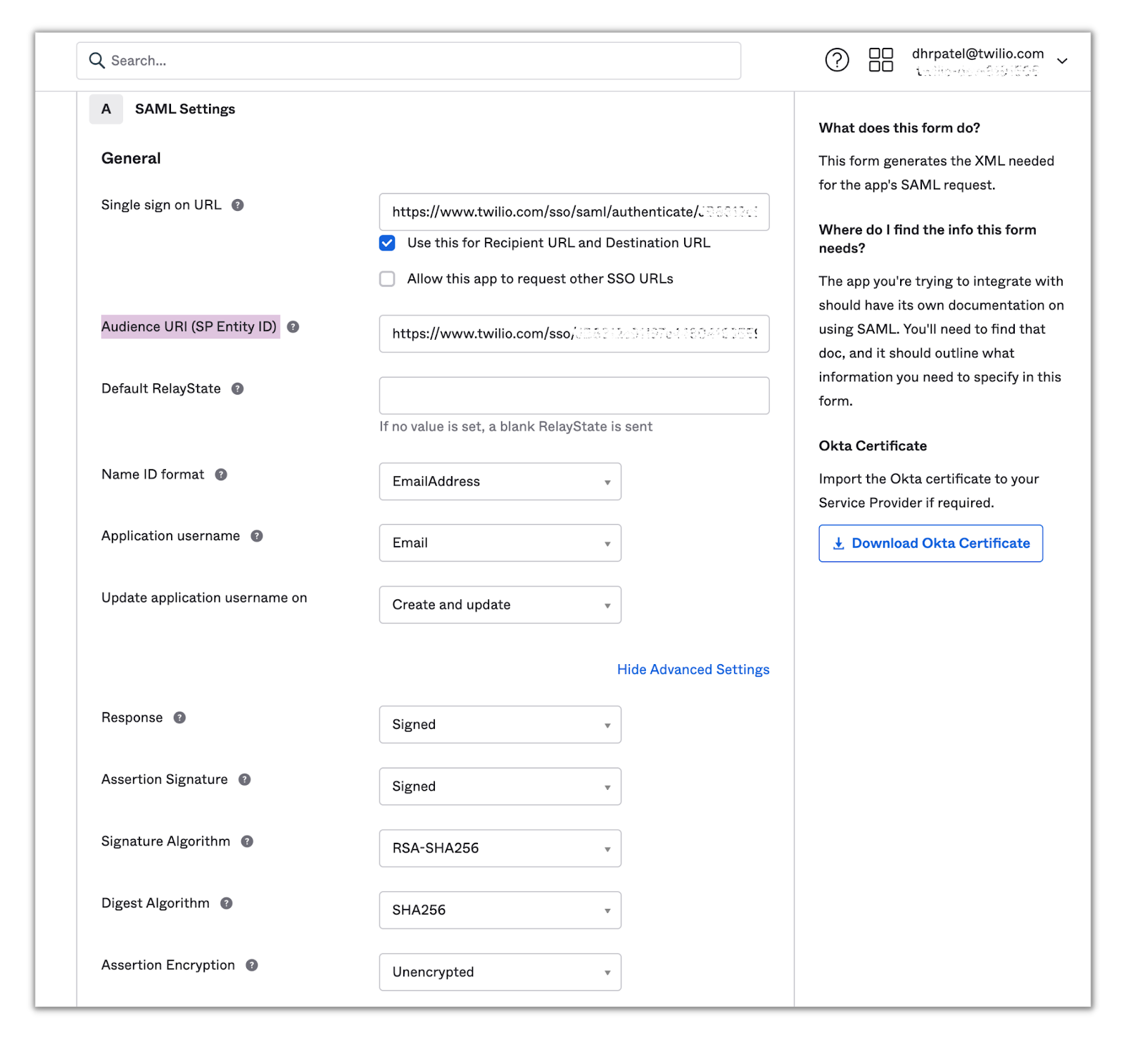 SAML settings for Twilio integration in Okta