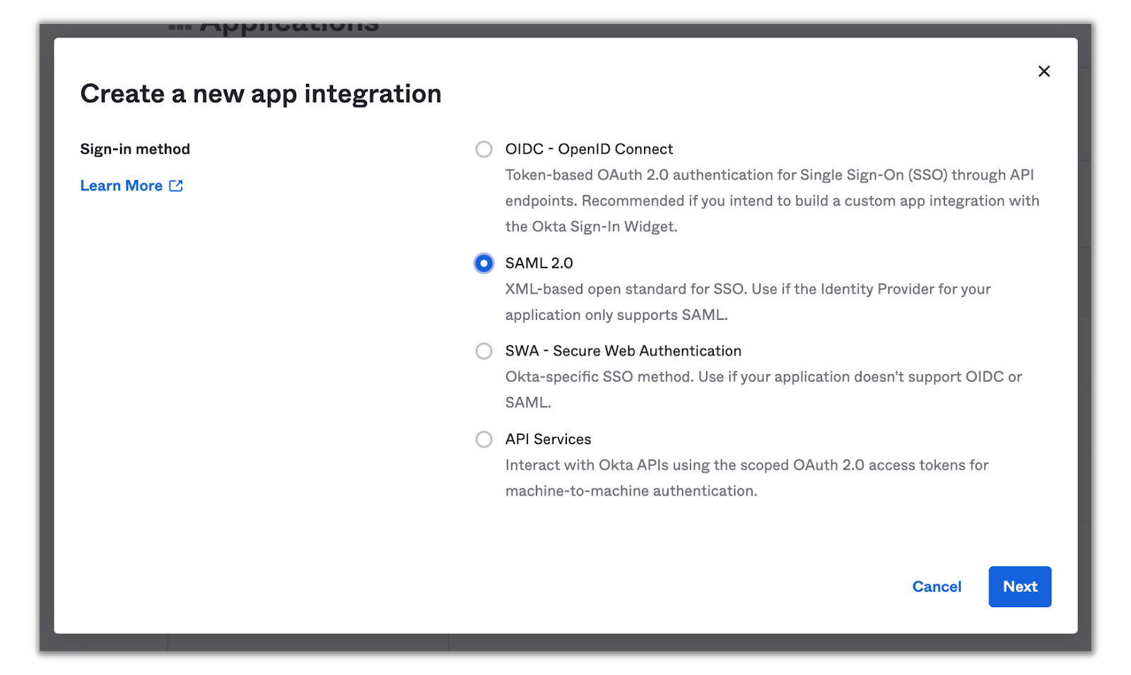 Sign-in method selection for new app integration
