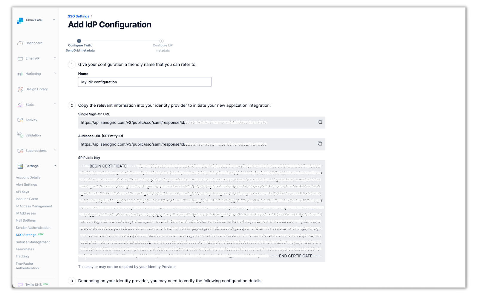 SSO SAML metadata in SSO settings menu in SendGrid