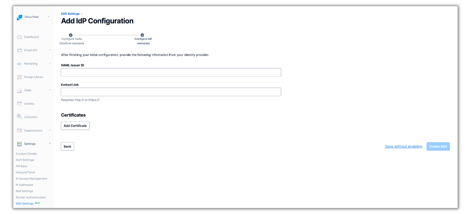 IdP metadata section in SSO settings in SendGrid