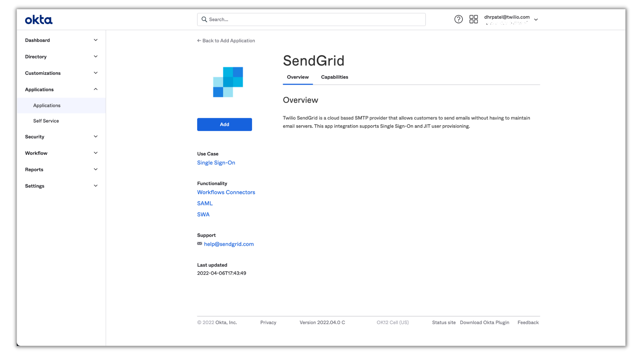 SendGrid app on Okta