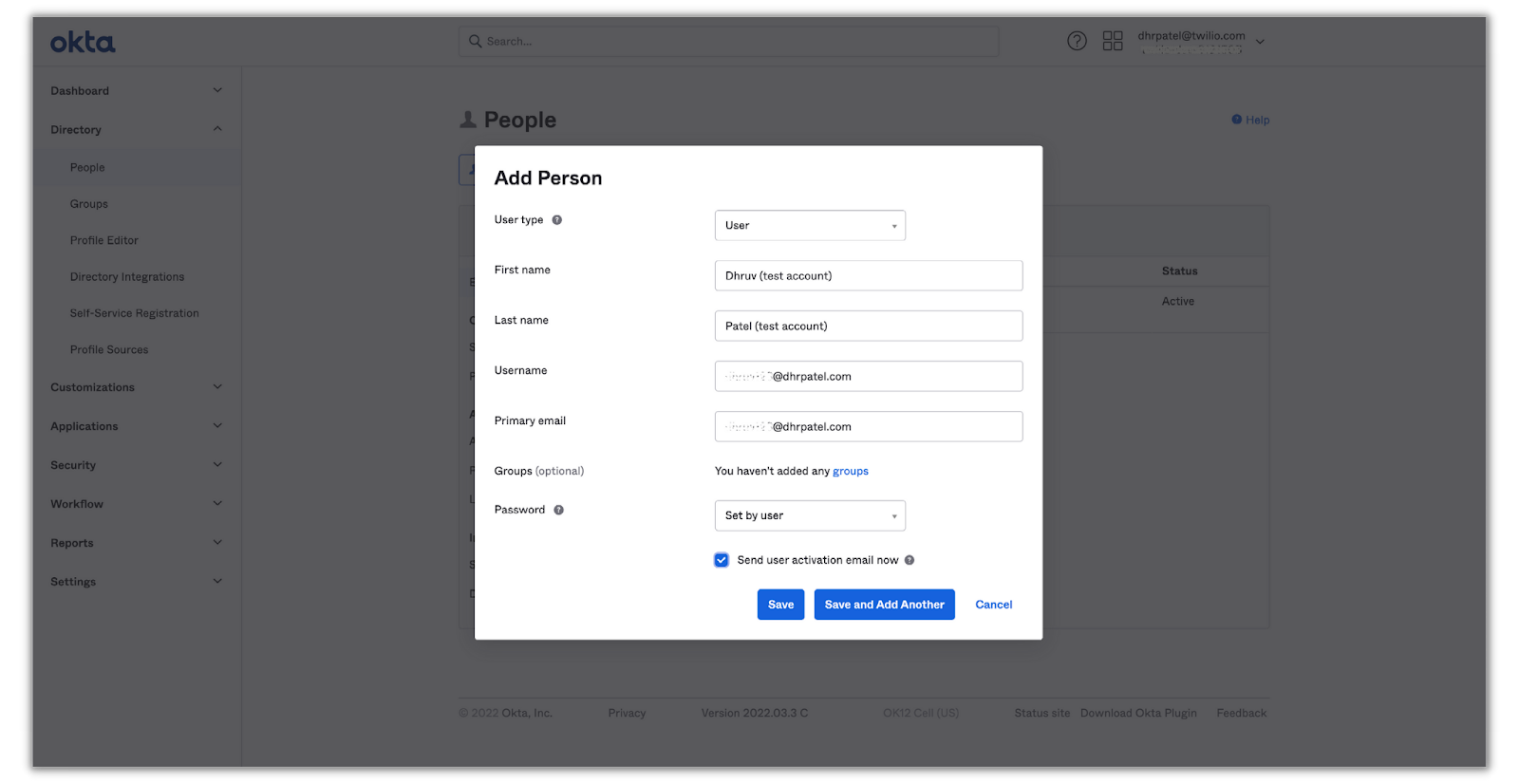 Add person form in okta