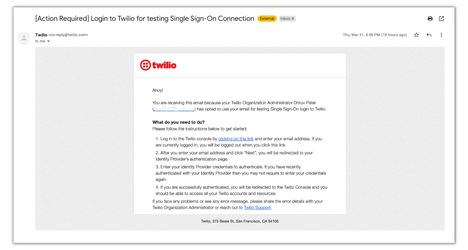 Email from Twilio asking to test SSO connection