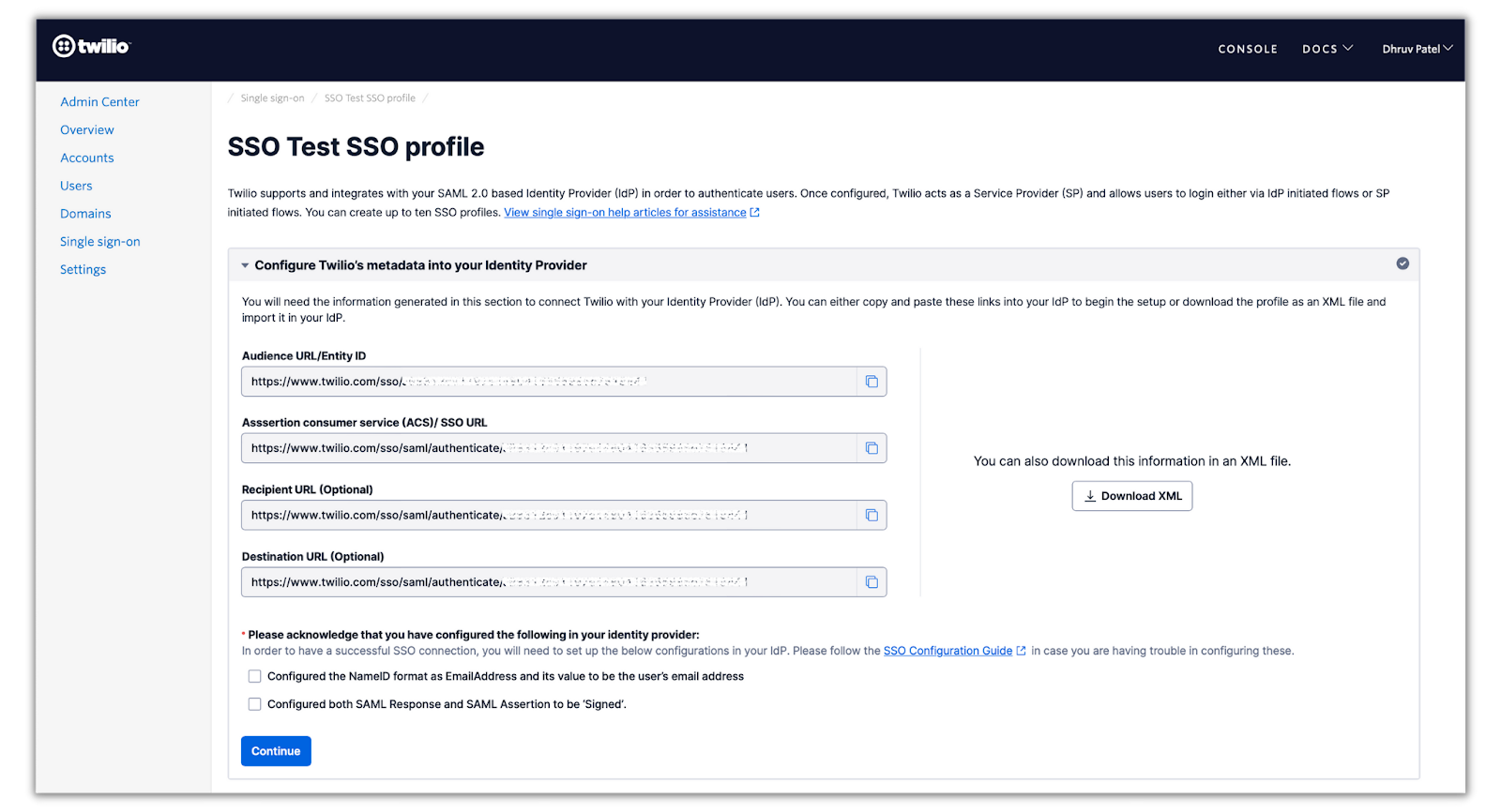 Twilio"s SSO metadata in the SSO section of admin center