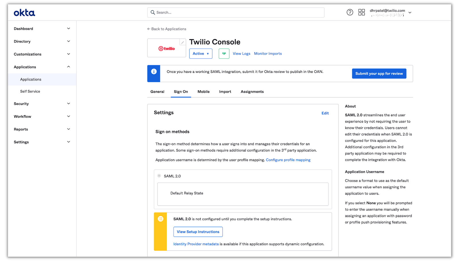 Twilio Application page in Okta