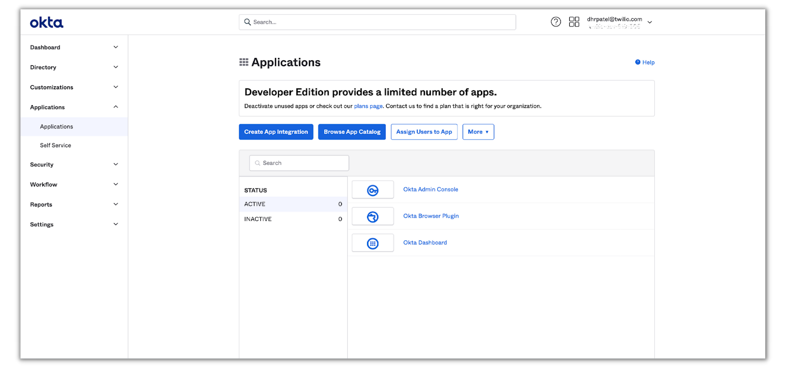 Applications page in Okta admin console