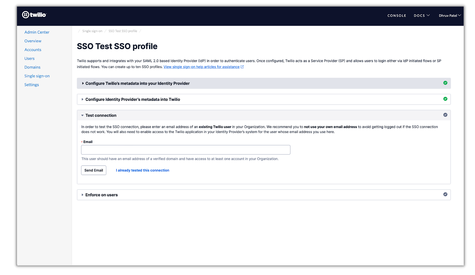 Test sso connection in Twilio SSO profile