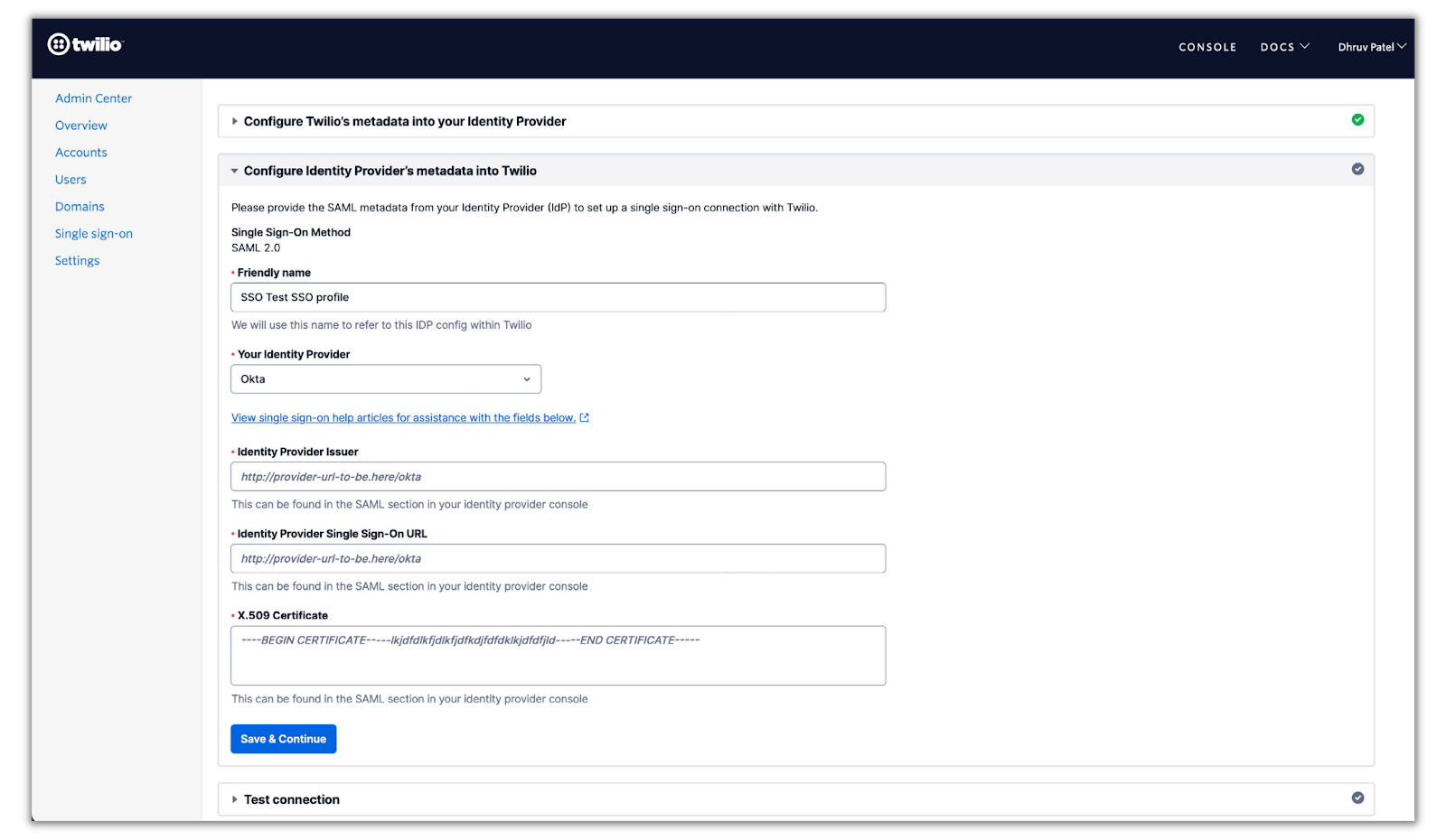 Configure IdP metadata section in Twilio SSO profile