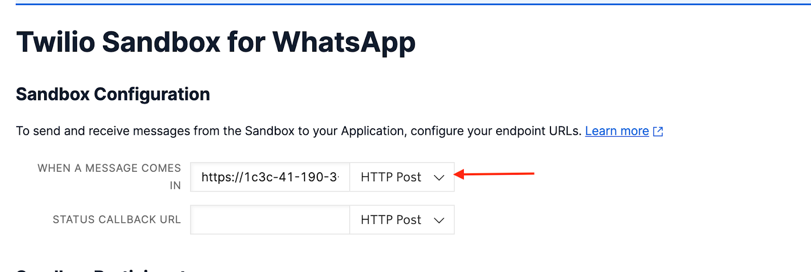 The Twilio Sandbox for WhatsApp Sandbox Configuration form highlighting the value to set for "When a message comes in"