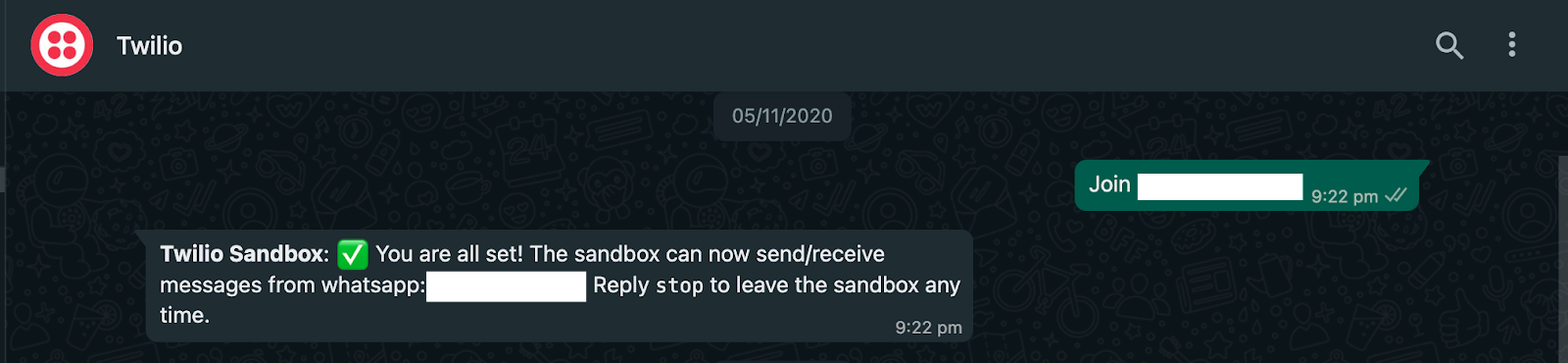 Twilio WhatsApp Sandbox message confirmation