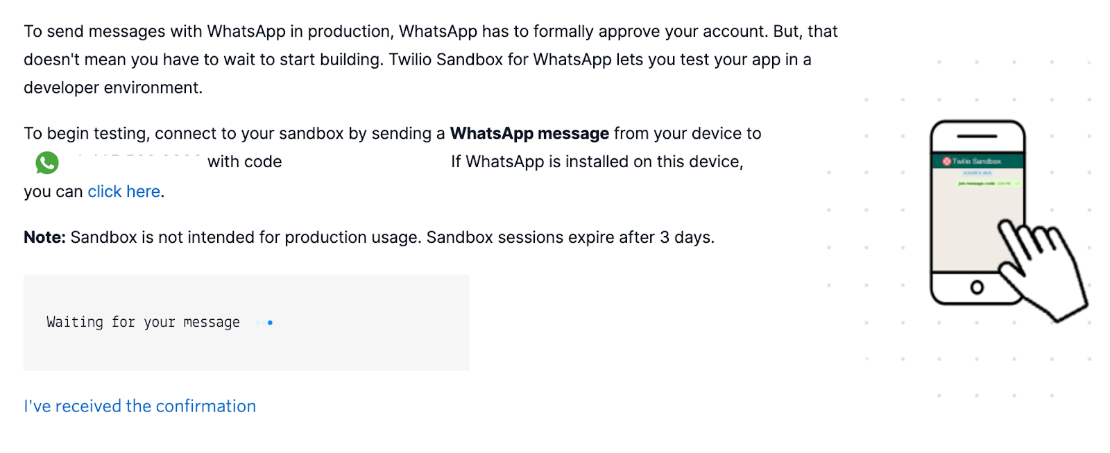 Confirmation that a user can send a WhatsApp message from Twilio WhatsApp Sandbox