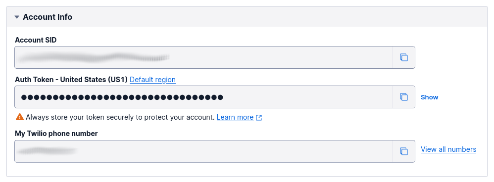 The Twilio Console showing where to retrieve the Twilio Auth Token and Account SID details