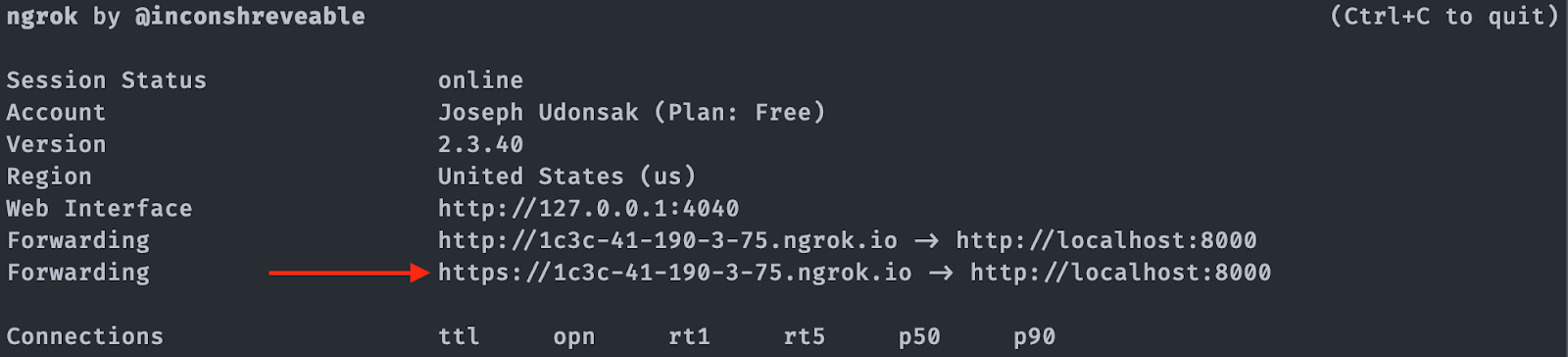 ngrok output showing the forwarding URL, session status, etc.