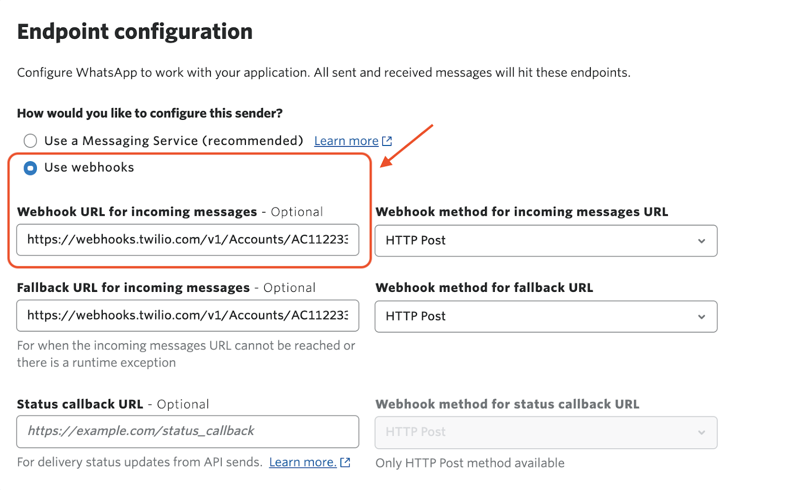 Configure a webhook for incoming messages
