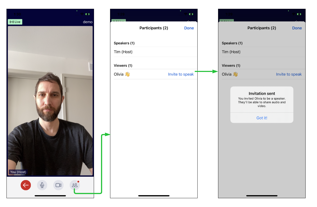 Flow showing how a host can invite a viewer to speak on stage