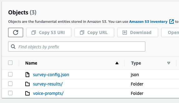 Screenshot of an S3 bucket with resources needed for a serverless SMS and Voice app