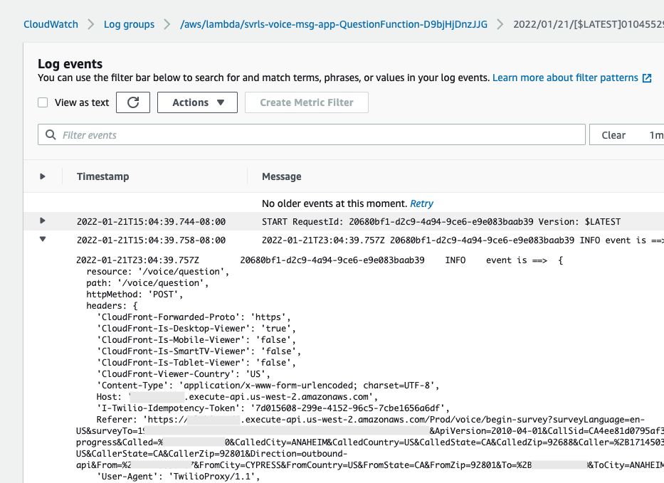 Sample log events inside CloudWatch in AWS