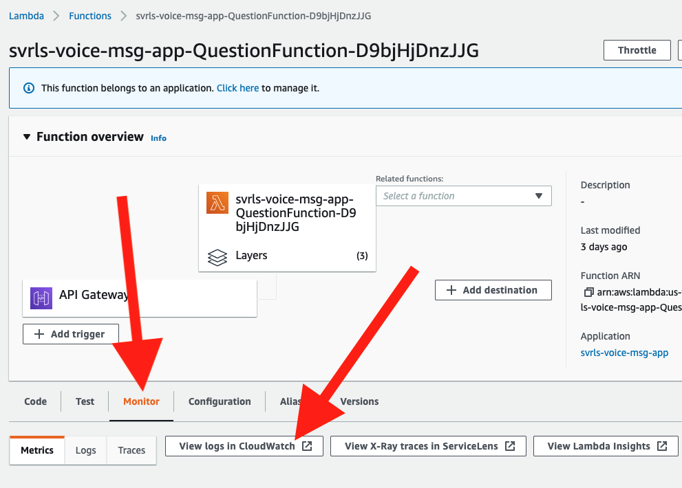 Screenshot showing the button to view logs in CloudWatch in AWS