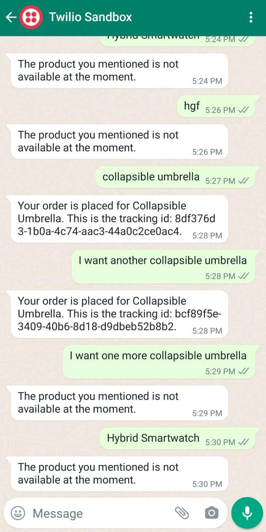 WhatsApp chat, showing conversation between customer and chatbot