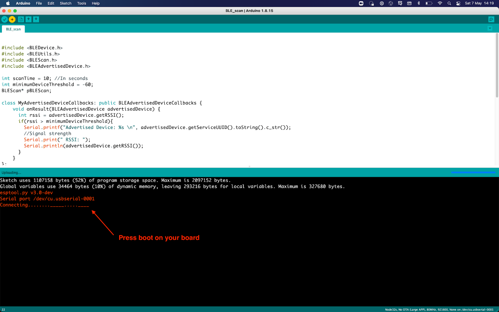 Arduino success message to reset ESP board