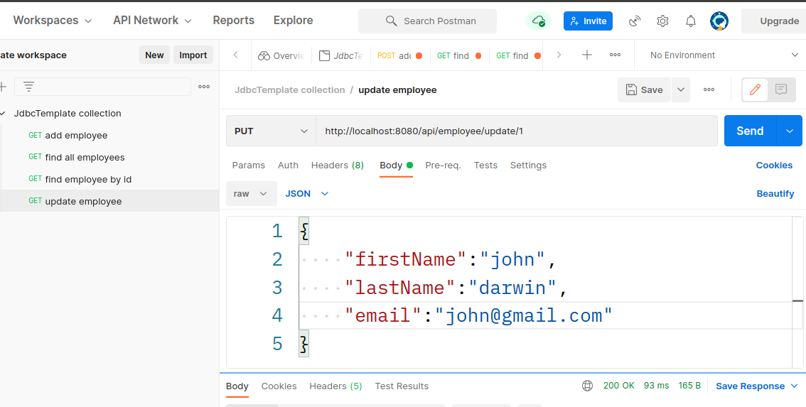 JSON body on postman to update an employee ID