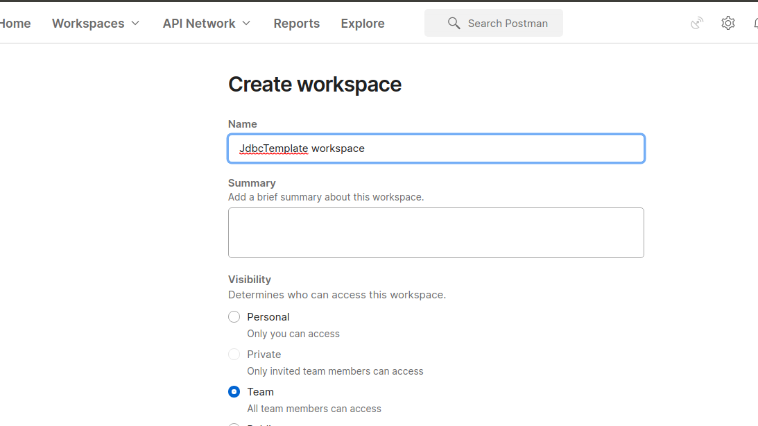 page to create a workspace called "JdbcTemplate workspace"