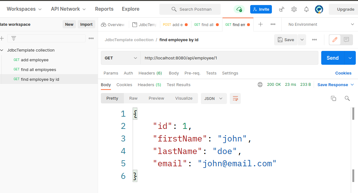 JSON body of a get request on postman for employee with ID 1