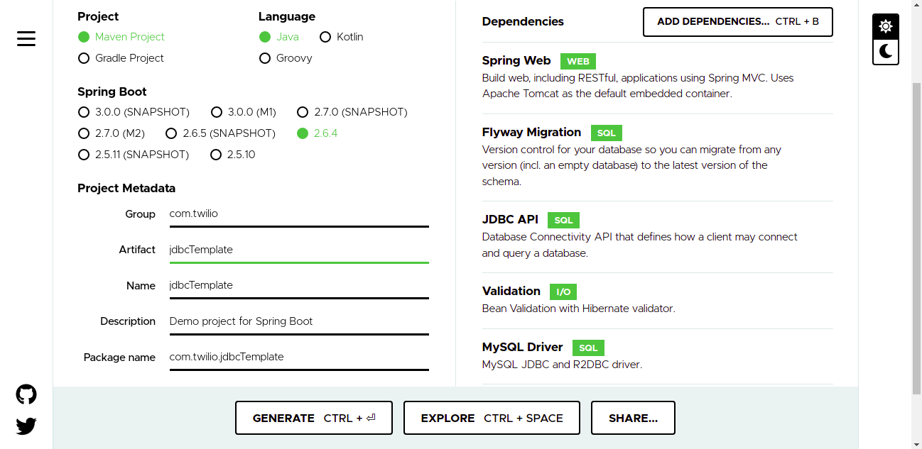 spring boot dashboard creation page