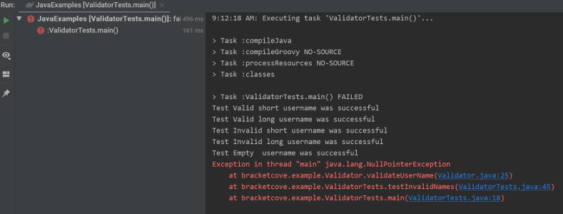 Failing test output