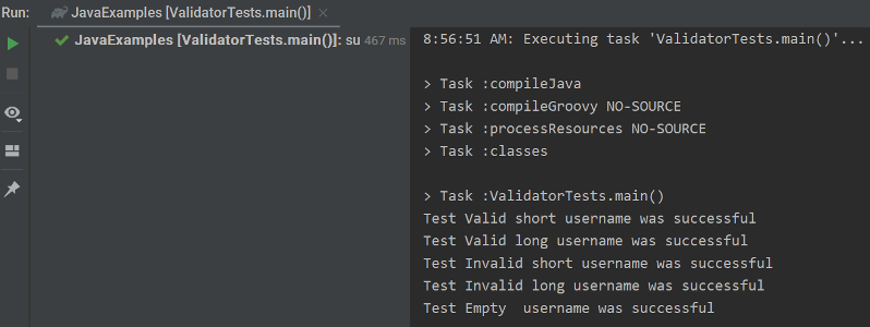 The console outputs a series of messages indicating the each of the tests were successful