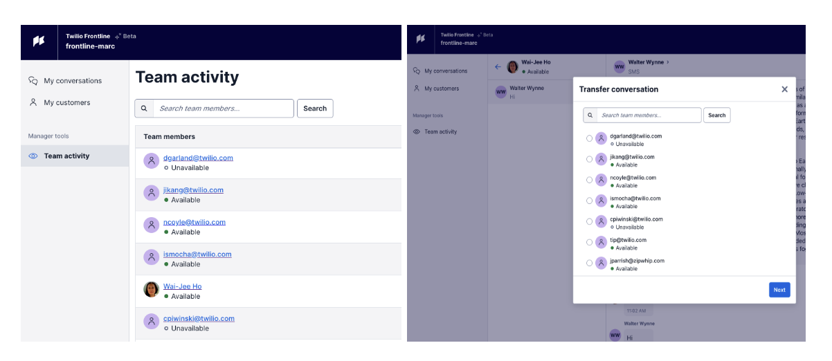 Manager view of Frontline showing the ability to view team members' activity and transfer a conversation to a team member