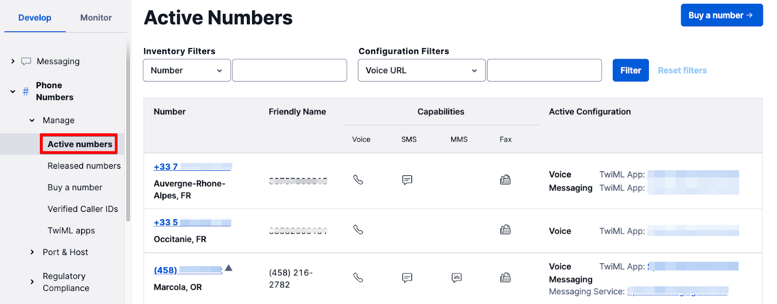 Liste des numéros actifs