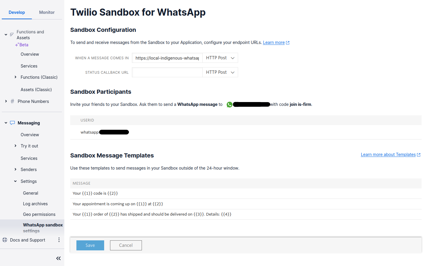Twilio Sandbox - Twilio Sandbox page with the Twilio Function in the WHEN A MESSAGE COMES IN header