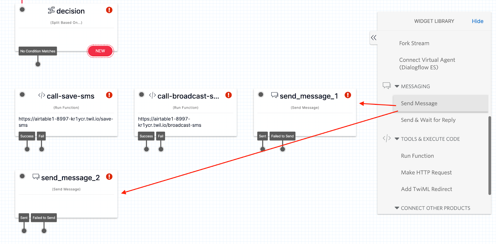 Screenshot showing where to position Send Message widgets in Studio Flow