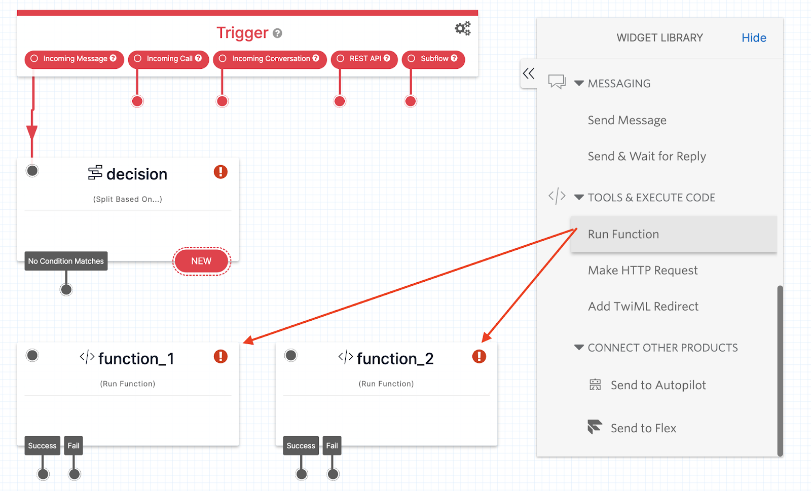 Screenshot of where to position two Run Function widgets