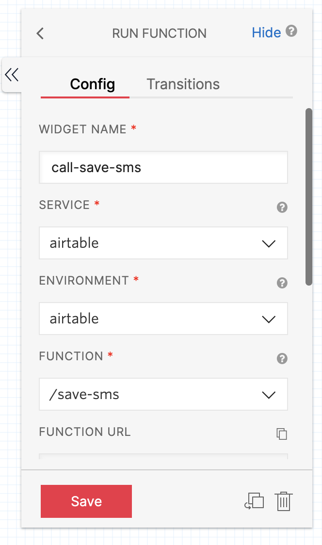 Config panel information for call save sms function widget
