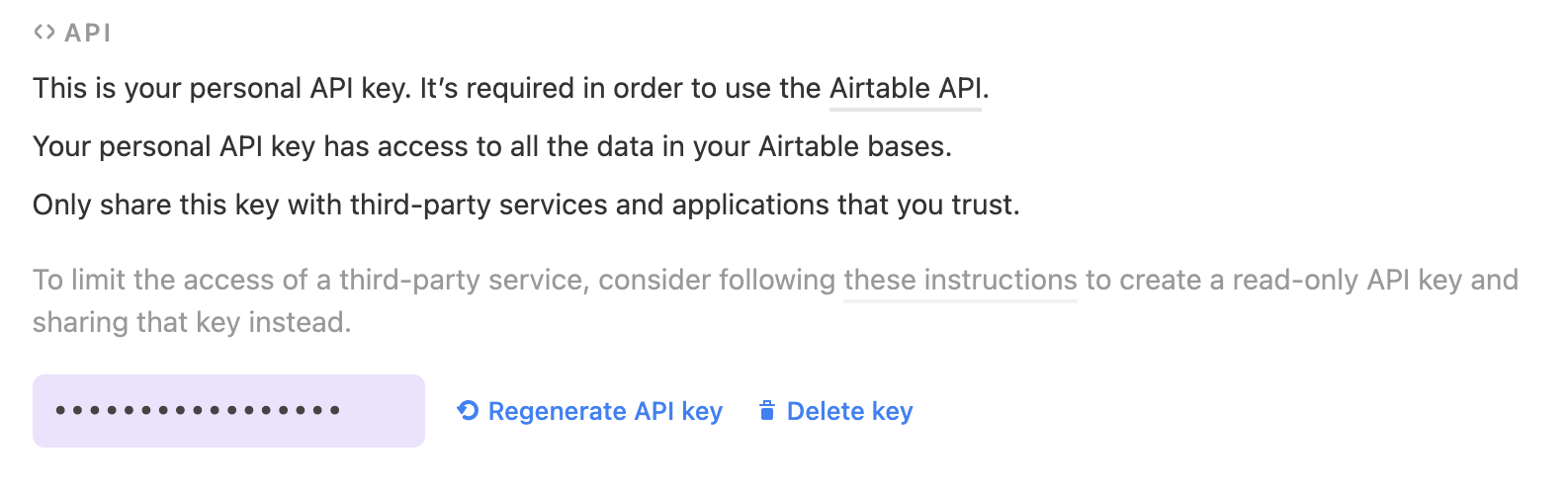 Screenshot of what the API key looks like in Airtable