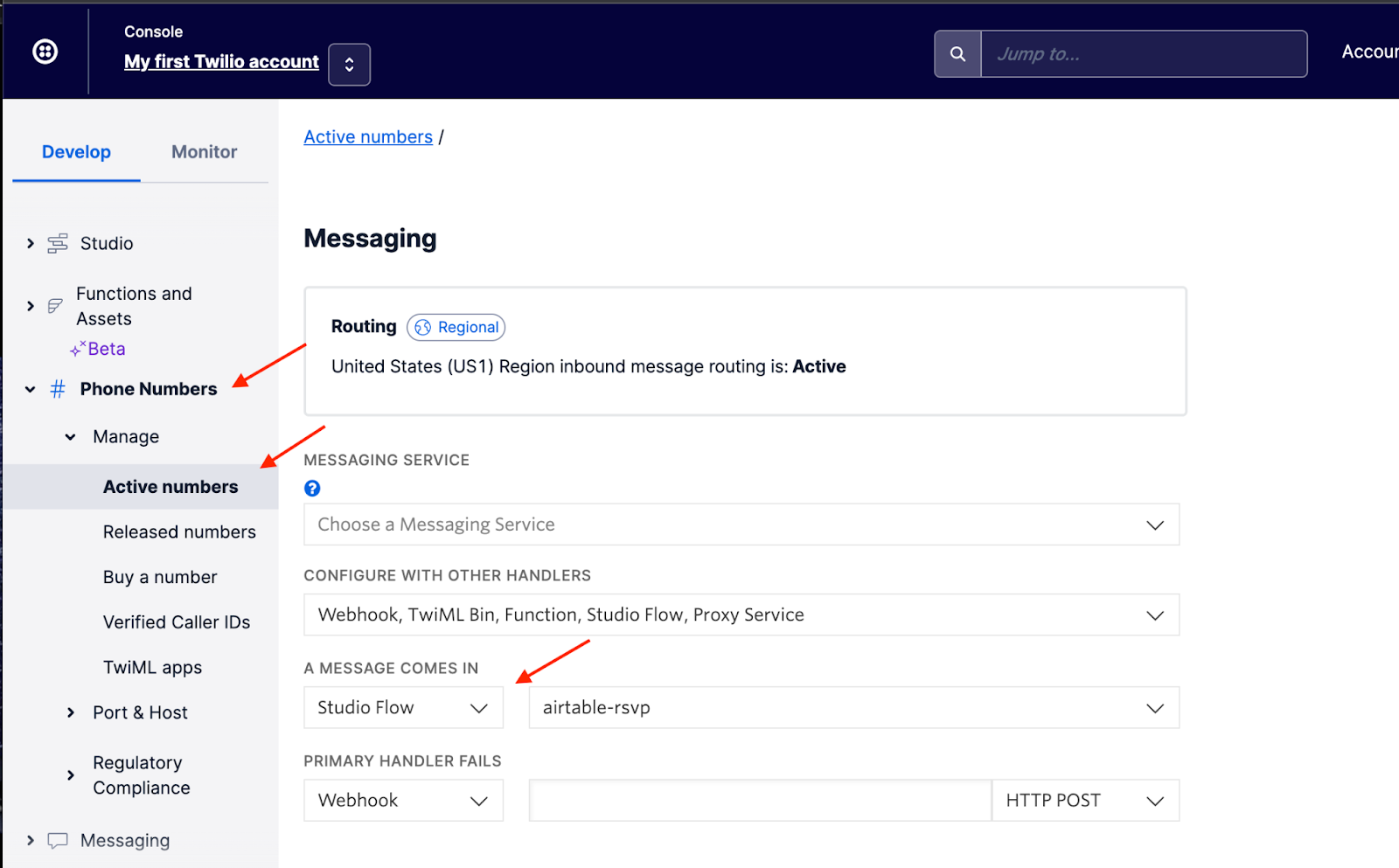 Screenshot of where to change how a Twilio number responds to an incoming message to the RSVP studio flow