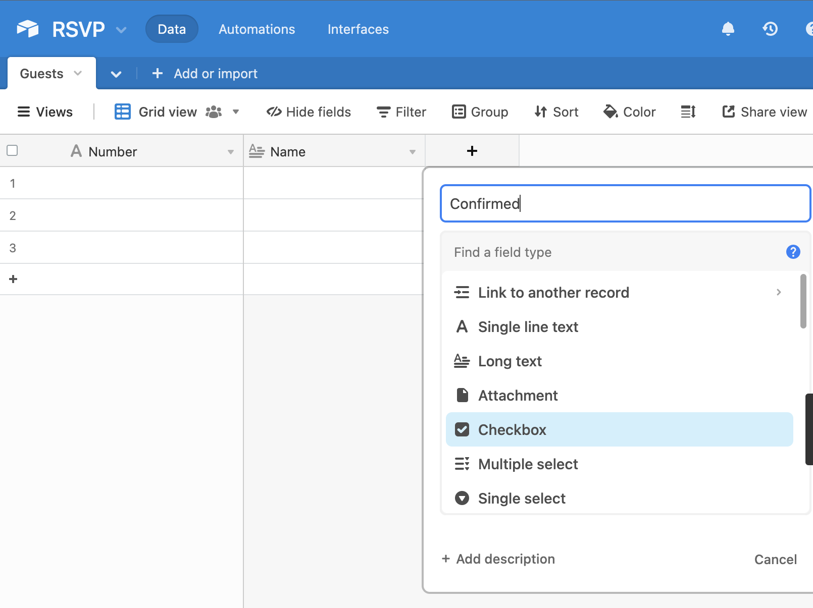 Screenshot showing modified Airtable base and process of adding a new column