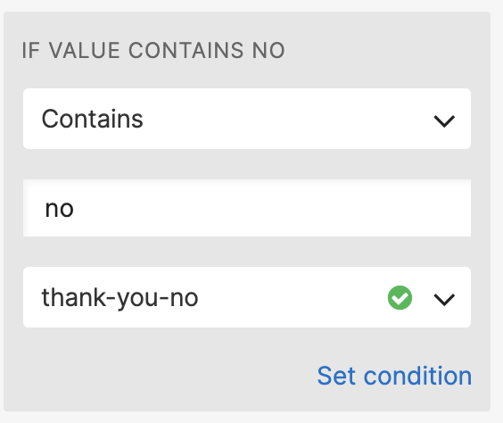 Decision widget Transitions panel showing call to broadcast sms function if value contains no