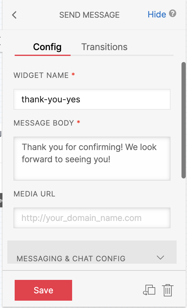 Config panel showing information filled in for thank you yes widget