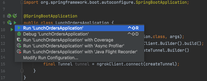 Users clicks on the green triangle next to the "LunchOrdersApplication" class. A context menu with "Run "LunchOrdersApplication"" appears.