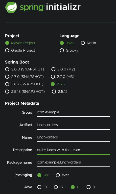 The spring initializr form with Maven selected as the project type, Java as the language, 2.6.6 as the Spring Boot version, Jar as Packaging, and 11 as the version of Java. The artifact text field is set to "lunch-orders".