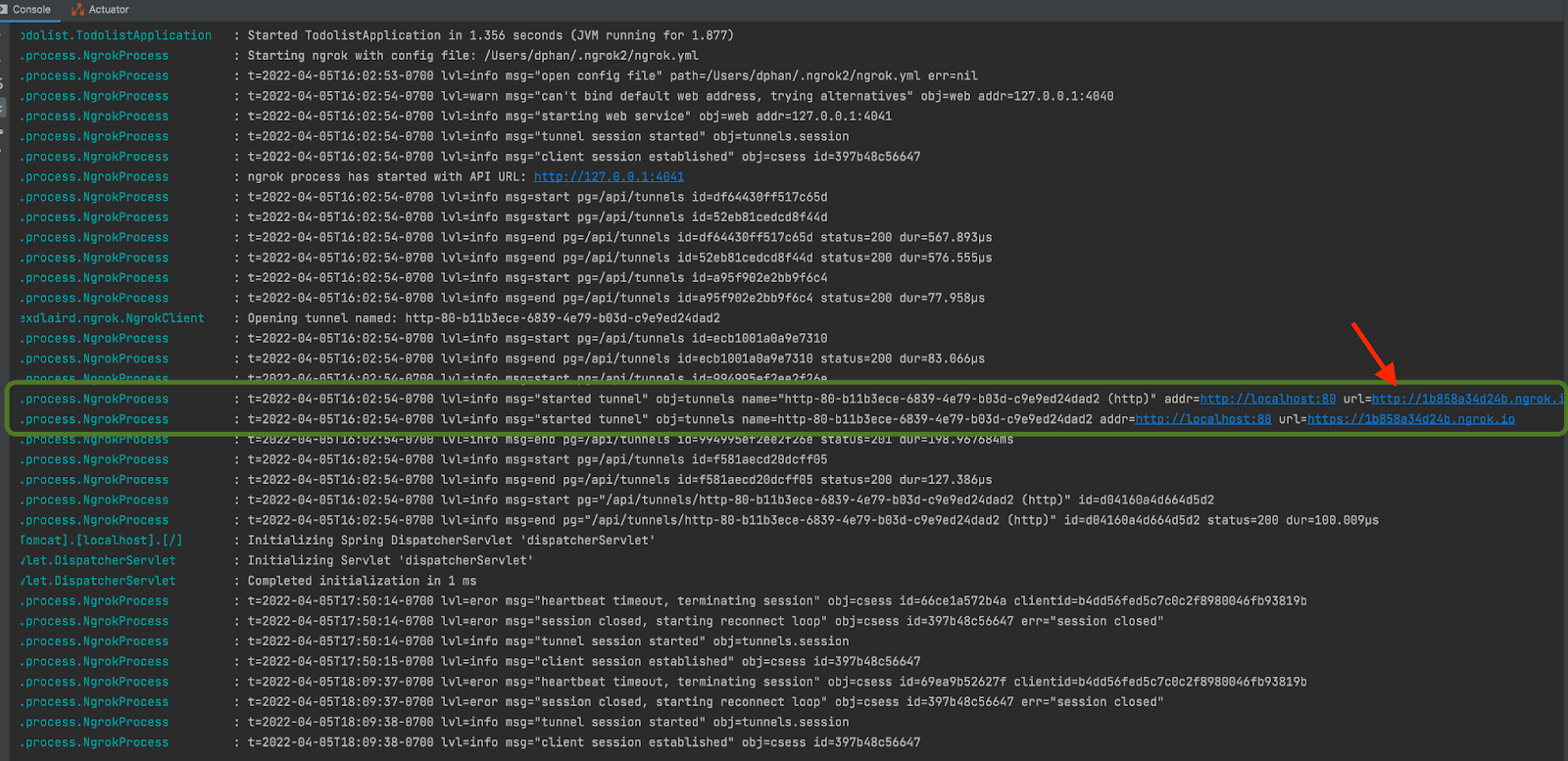 The output of the application with logs that contain the ngrok Forwarding URL