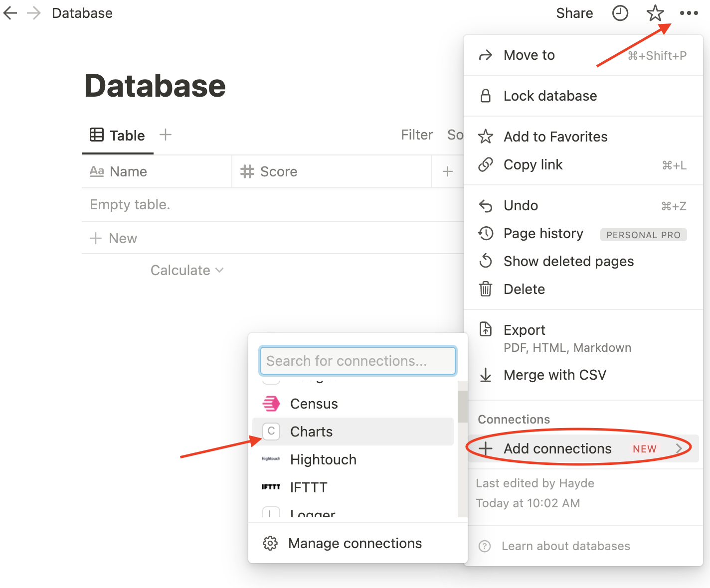 Adding an integration to a notion page using the add connections menu