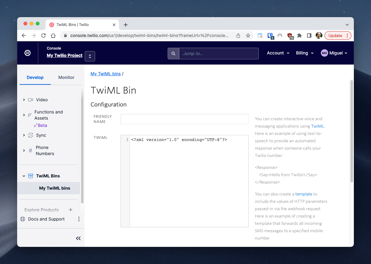 Screenshot of TwiML Bin configuration page
