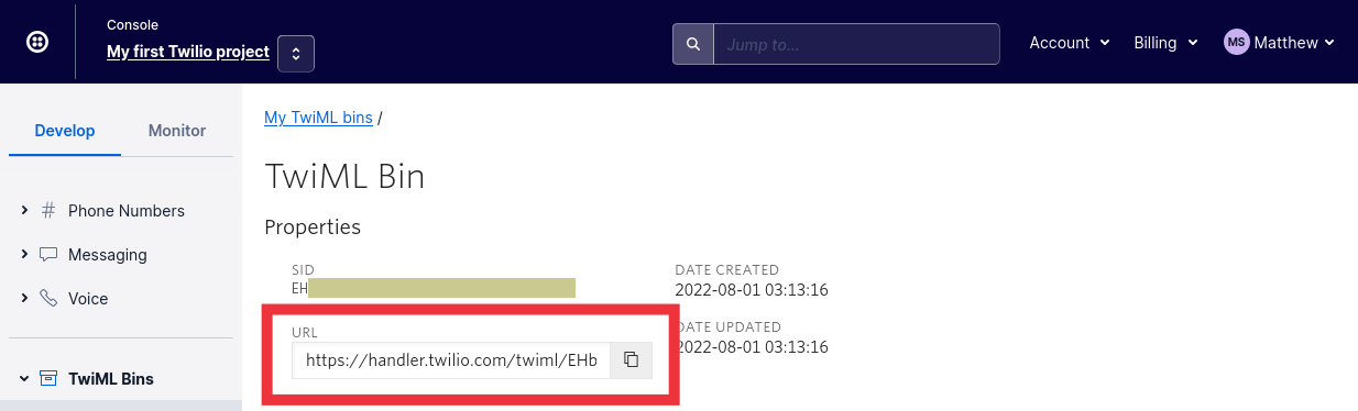 Retrieve the TwiML Bin"s URL