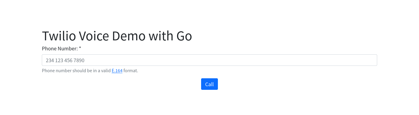 The Twilio Voice Demo with Go form before being filled in.