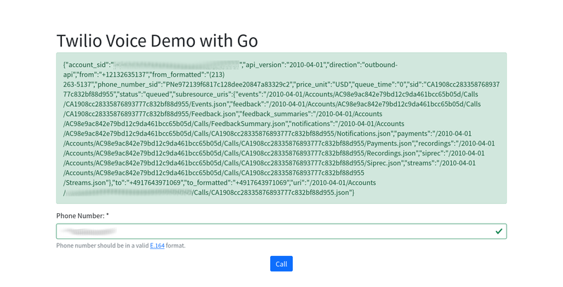 The Twilio Voice Demo with Go form after being successfully submitted
